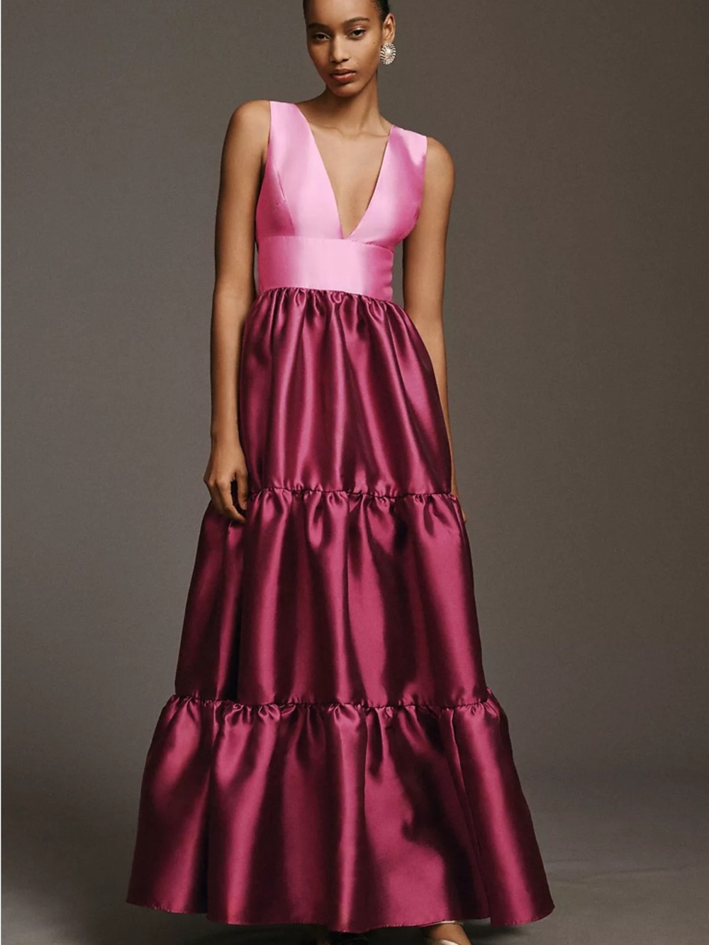 Hutch Two-Tone Pink Satin Maxi Gown with Tiered Skirt